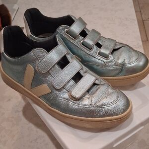 Veja Size 39/8 Rare Blue Metallic And Cream Leather Sneakers Velcro Closure.